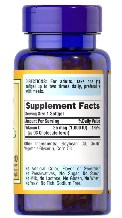 Puritan’s Pride Vitamin D3 25mcg (1000 IU) Softgel 200's