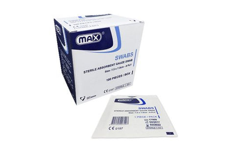 Max Sterile Gauze Swab 8ply, 7.5cmx7.5cm, 100pcs Box