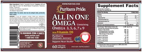 Puritan's Pride All in one Omega 3,5,6,7&9 & D3 Softgel 60's